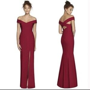 Dessy Collection Burgundy Off the Shoulder Criss Cross Trumpet Dress Size 12